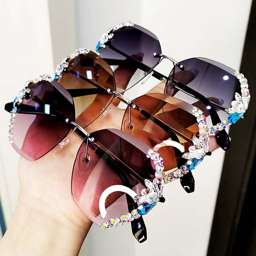 [Elegan] Kacamata Hitam Tanpa Bingkai Street Shot Multicolor Wanita Oversized Rhinestone UV400 Protection