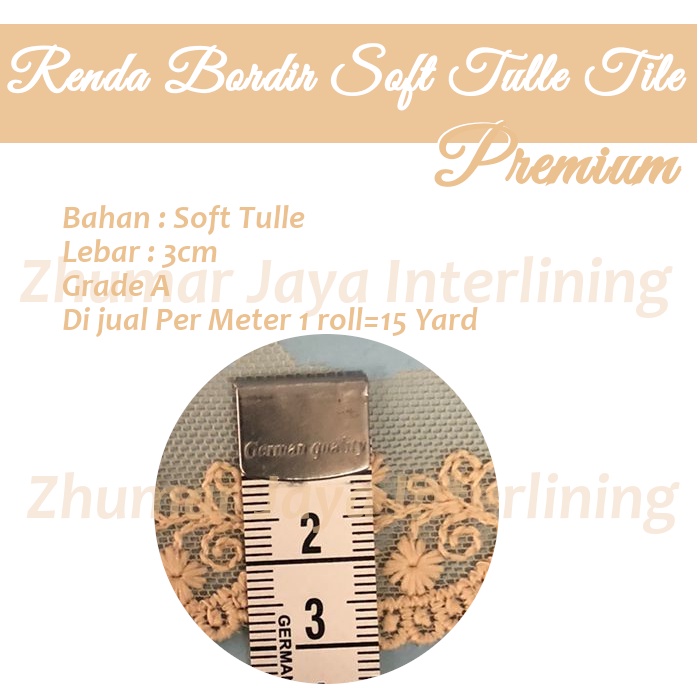 Renda Bordir Soft Tulle Tile Premium Lebar 3 CM per Meter