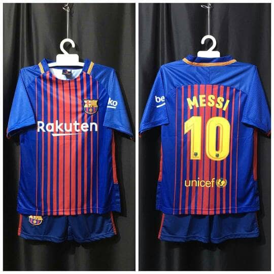 EXCLUSIVE JERSEY KIDS BARCELONA HOME 2017 2018 MULTISPORT NAMA PUNGGUNG MESSI TERLARIS