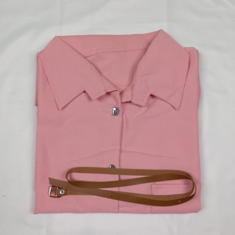 Kemeja Wanita Atasan Blouse Casual Polos Lengan Panjang Kekinian Bahan Moscrep Free belt model Korea-Peach-015