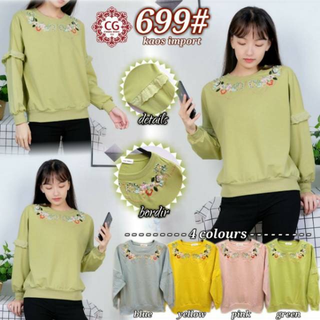 Kaos sweater import dengan aplikasi bunga bordir