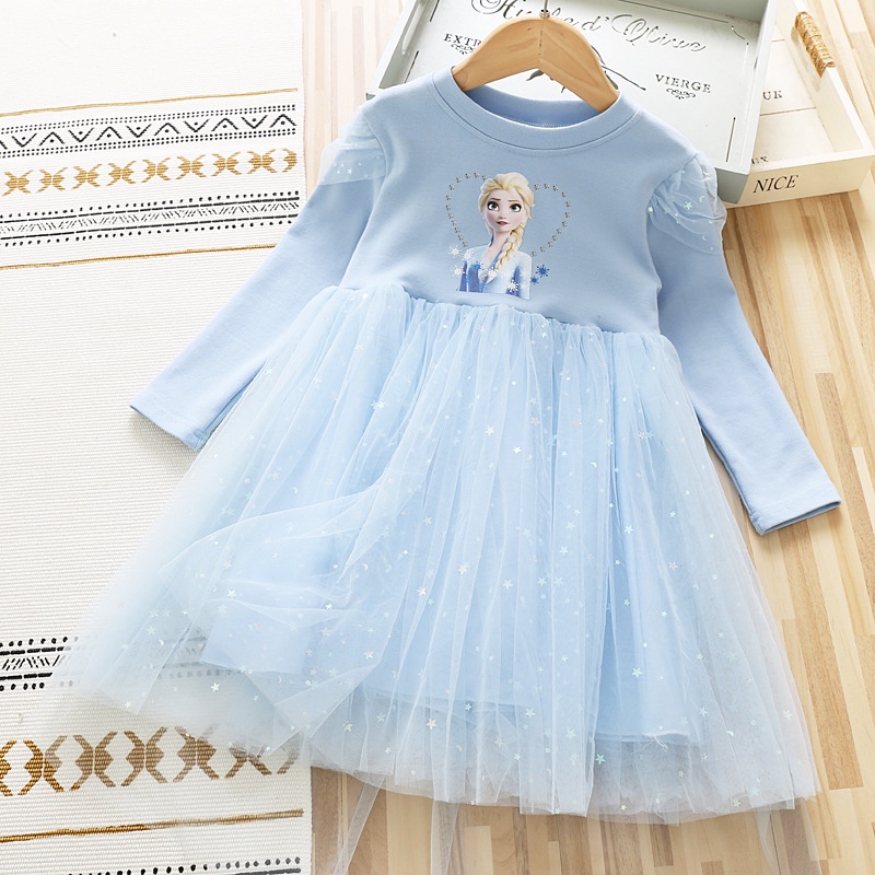 Anak Perempuan Frozen Elsa Dicetak Tulle Princess Dress Anak Lengan Panjang Elsa Gaun Pesta