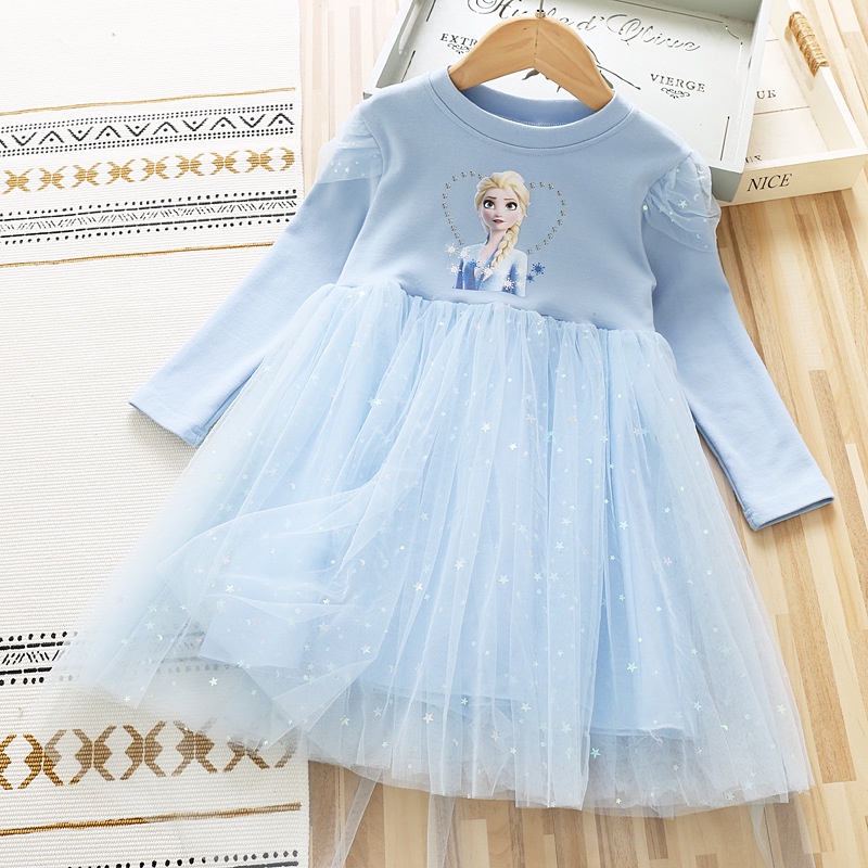 Anak Perempuan Frozen Elsa Dicetak Tulle Princess Dress Anak Lengan Panjang Elsa Gaun Pesta