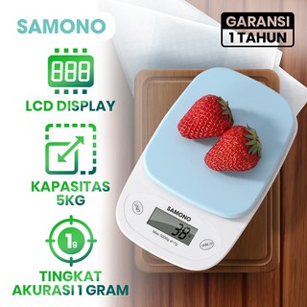 Timbangan Dapur Elektrik Digital LCD Display bahan Plastik Akurasi 1 gram Samono SW-KS01 Biru 5KG