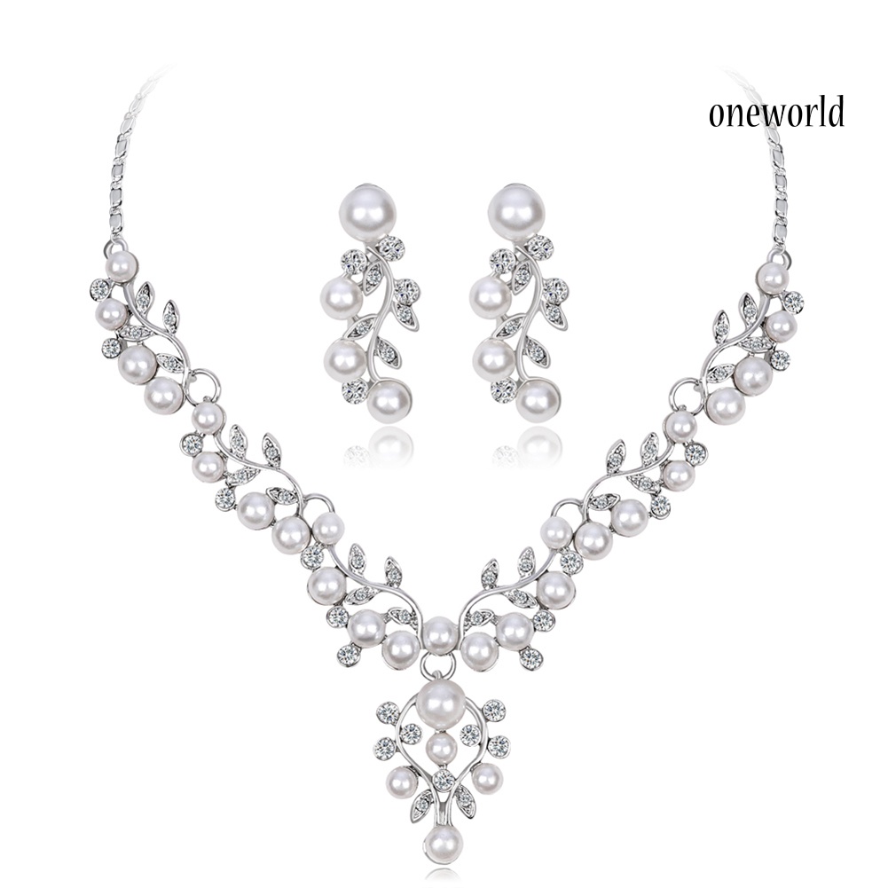 OW@ Women Elegant Faux Pearl Rhinestone Leaves Necklace Earrings Wedding Jewelry Set