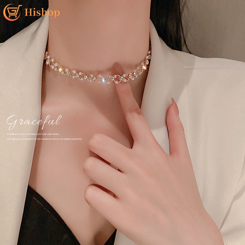 Korean Elegant Pearl Necklace Simple Shining Choker Women Fashion Accessories Jewelry