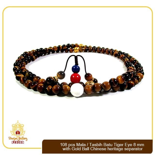 108 Pcs Mala/Tasbih Batu Tiger Eye 8mm with Gold Ball Chinese Heritage