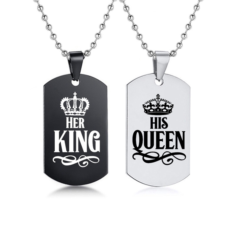 Fancyqube 2pcs / Set Kalung Tag Ukir Tulisan Her King His Queen Warna Hitam Untuk Hadiah Valentine