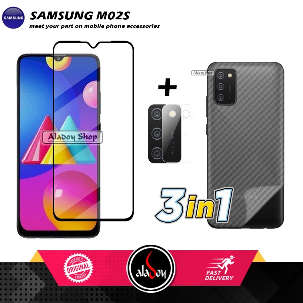 PAKET 3 IN 1 Tempered Glass Layar Samsung M02S Free Tempered Glass Camera dan skin Carbon