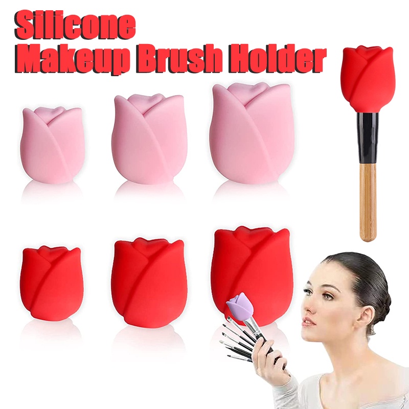 3 Pak Holder Pelindung Kepala Brush Makeup Bentuk Bunga Mawar 3 Ukuran Bahan Silikon Reusable Untuk Travel