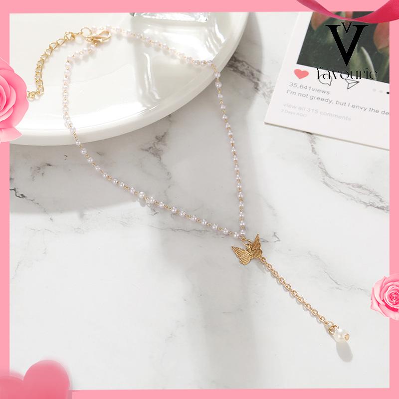 [COD]Retro Butterfly Pearl Kalung Lembut Gadis Kecil Cinta Liontin Kalung Rantai Klavikula-FA