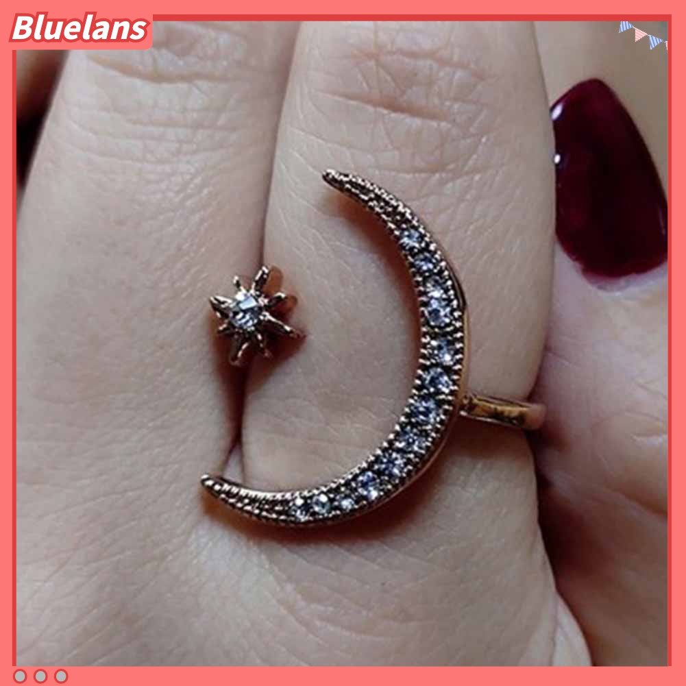 Cincin Model Terbuka Desain Bulan Bintang Aksen Berlian Imitasi Untuk Wanita