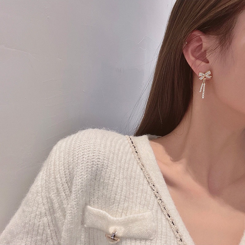 Shuling S925 silver needle Full Diamond Bow Earrings Female Fashion Long Earrings