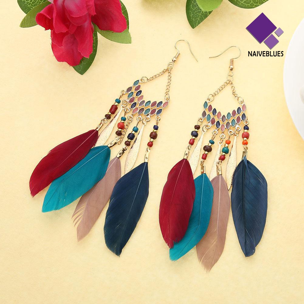 Anting Kait Gantung Panjang Desain Bulu Gaya Vintage Boho Untuk Wanita