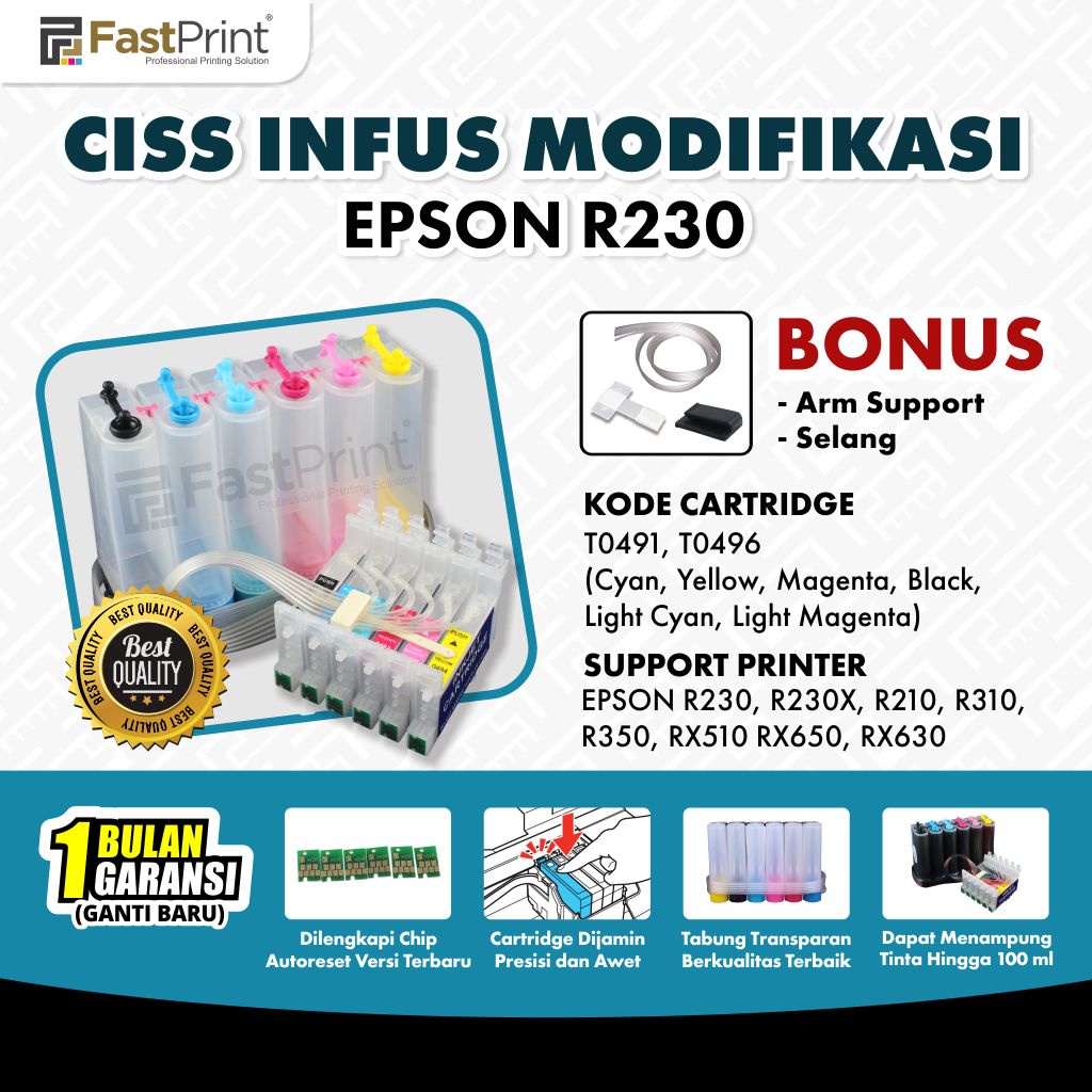 Fast Print CISS Infus Modifikasi Epson R230, RX230X, R210, R310, R350, RX510, RX650, RX630 Kosongan