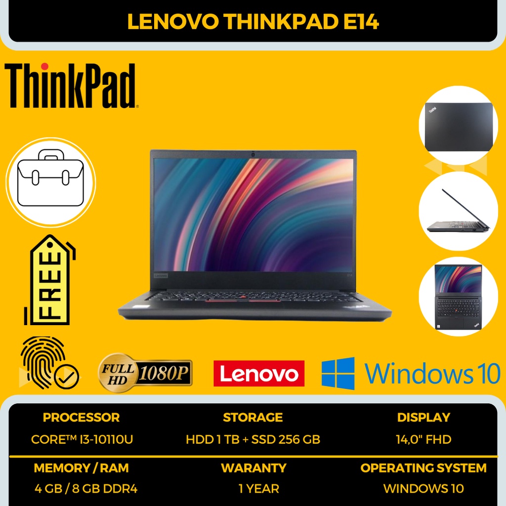 LAPTOP BARU !!! LENOVO THINKPAD E14 COMBO STORAGE HDD 1 TB + SSD 256 GB CORE I3-10110U RAM 8 GB DDR4 14&quot; FHD FITUR FINGERPRINT BLACK FREE TAS + INSTALL WINDOWS 10 - TEKNO KITA