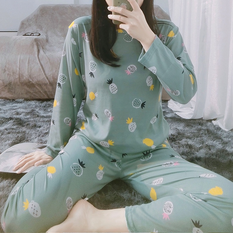 Smile Baju Tidur Wanita Import Setelan Piyama Lengan Panjang Motif Bahan Lembut Fit to XXL 4005-PINEAPPLE