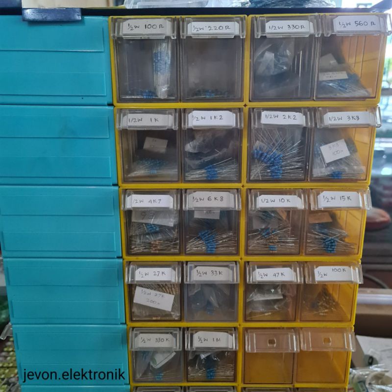 Resistor setengah 1/2 w watt 100 220 330 560 1k 1k2 2k2 3k3 4k7 6k8 10k 15k 27k 33k 47k 100k 330k 1M