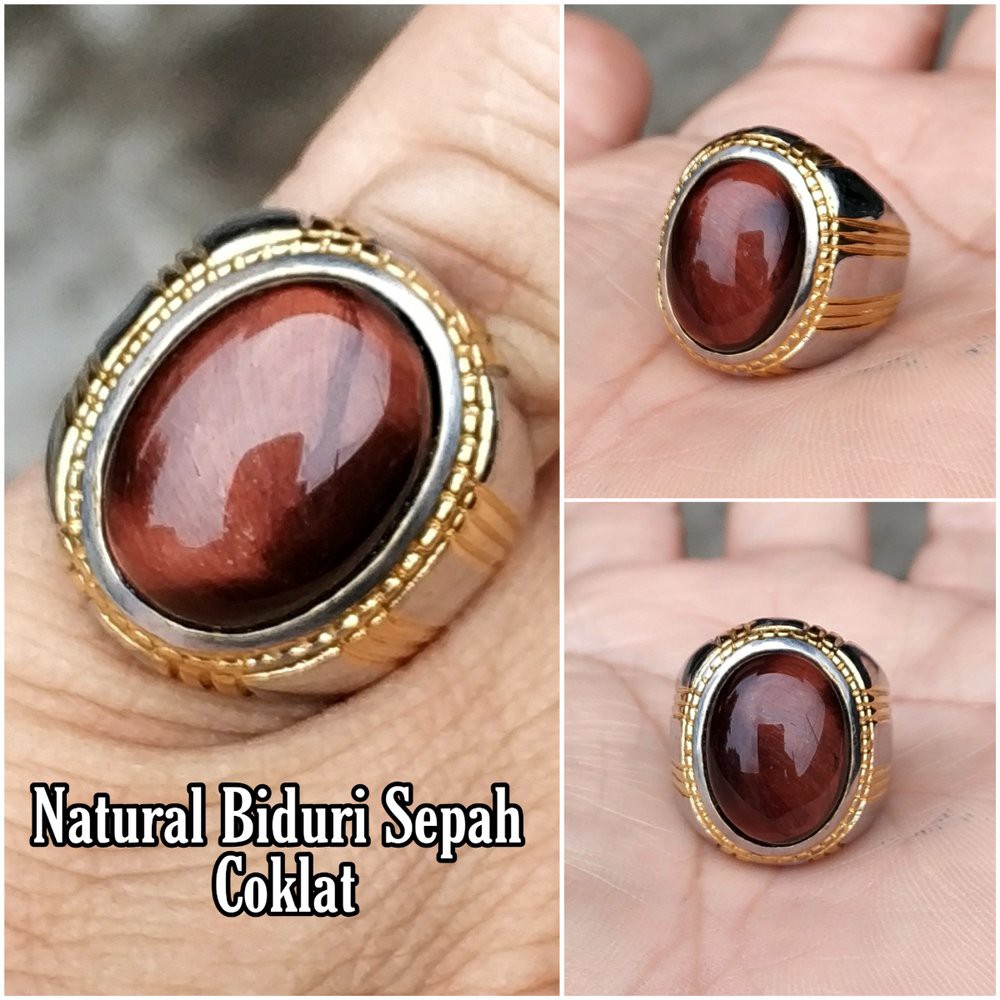 CINCIN BATU AKIK NATURAL BIDURI SEPAH COKLAT AKA BROWN TIGER EYE MINIMALIS TITANIUM