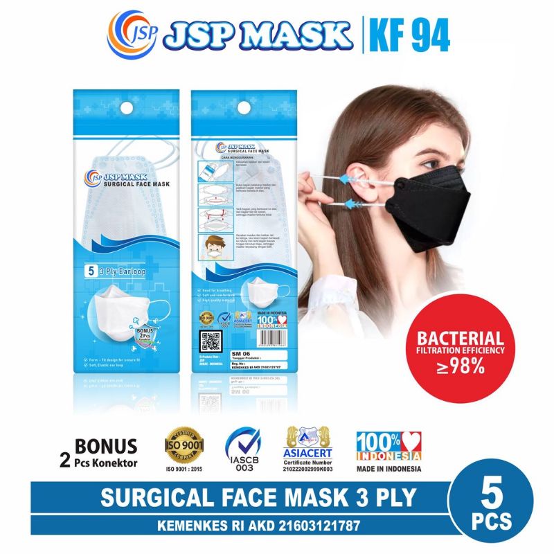 JSP masker KF94 3 ply Surgical mask 1 pack isi 5 pcs free konector