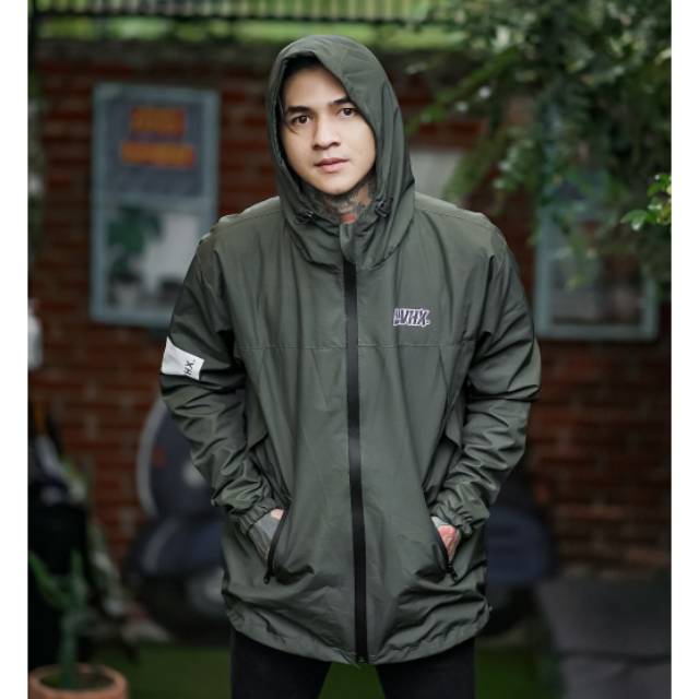 SALVIOHEXIA Jaket Waterpoof Taslan Jaket Outdoor Parasut Pria Hijau Army