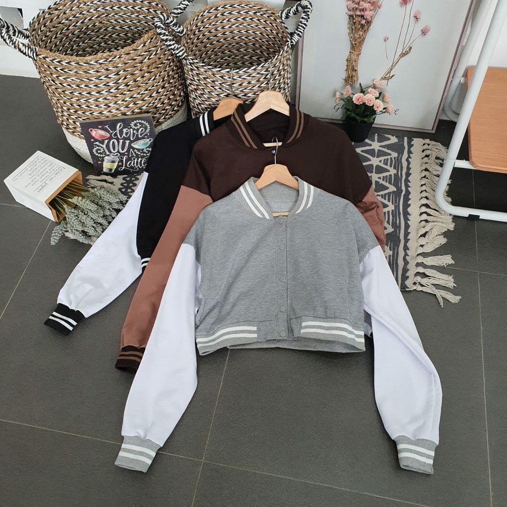 Jaket Baseball Model Crop - Jaket Sweater Crop Wanita Gaya BaseBall - Crop Baseball Jaket