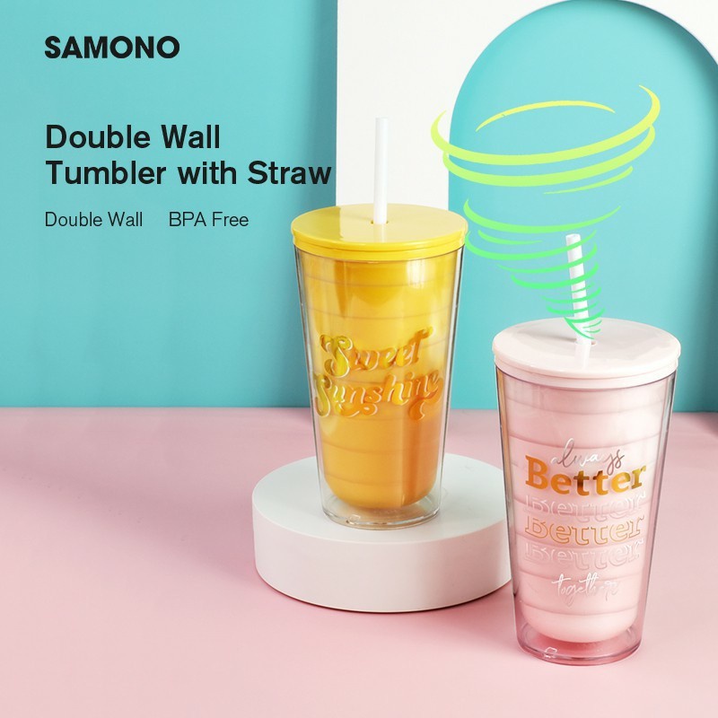 Samono Tumbler with Straw 600ml Food Grade Double Wall - Yellow SC002