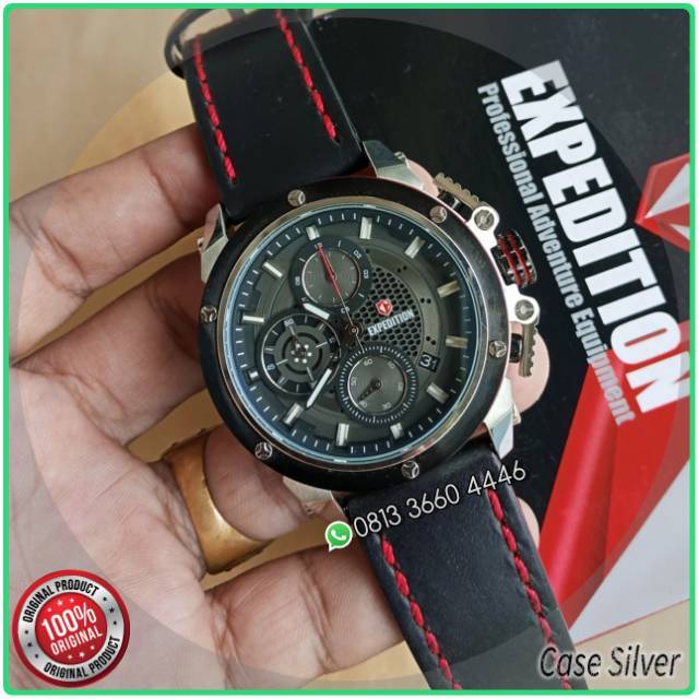 Jam Tangan Expedition E6748 Body Silver Tali Kulit Hitam Original