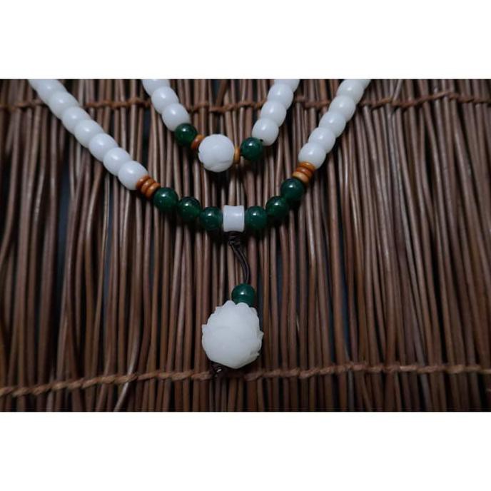 TASBIH BIJI BODHI PUTIH TIBET UKIRAN LOTUS NATURAL 108 99 UNIK 7X9MM G