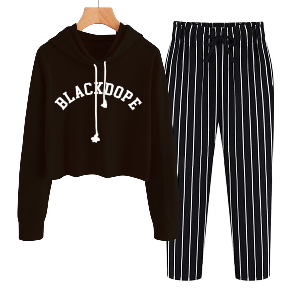 BESS - Baju Setelan Wanita Murah / Setelan Hoodie Crop + Celana Salur Hitam - BLACKDOPE