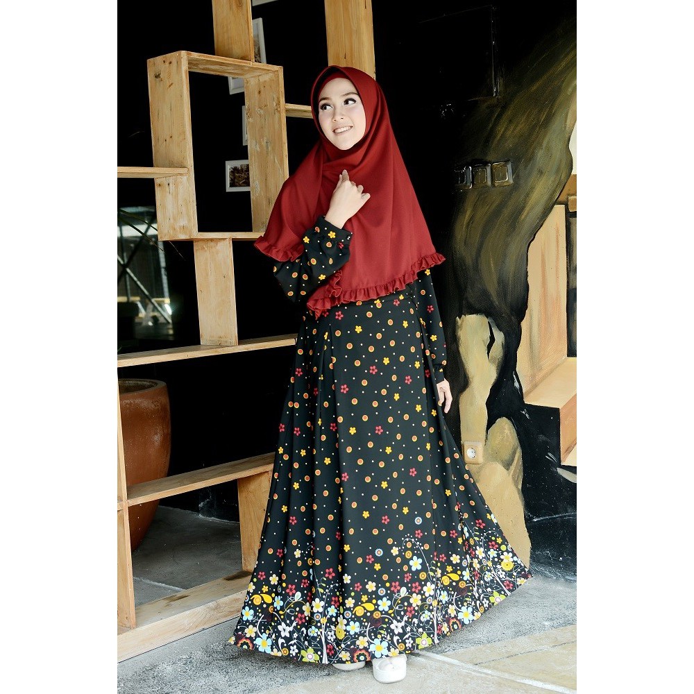Gamis Syar'i Model Umbrella motif polkadot kombinasi motif bungan putih hitam
