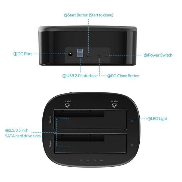 Orico 6228US3-C 2Bay Docking SSD &amp; Hard Disk 2,5 &amp; 3,5inch USB 3.0 Standalone Clone