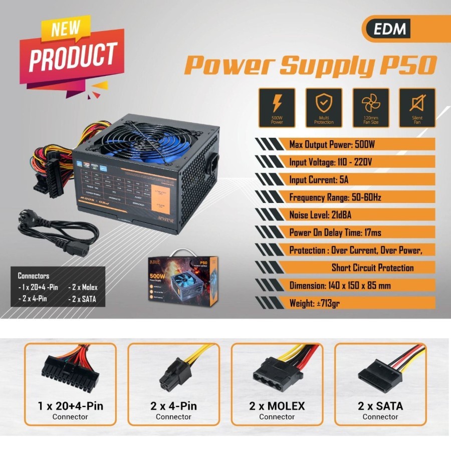 M-Tech P50 Power Supply 500W - PSU 500watt Silent Fan 12Cm