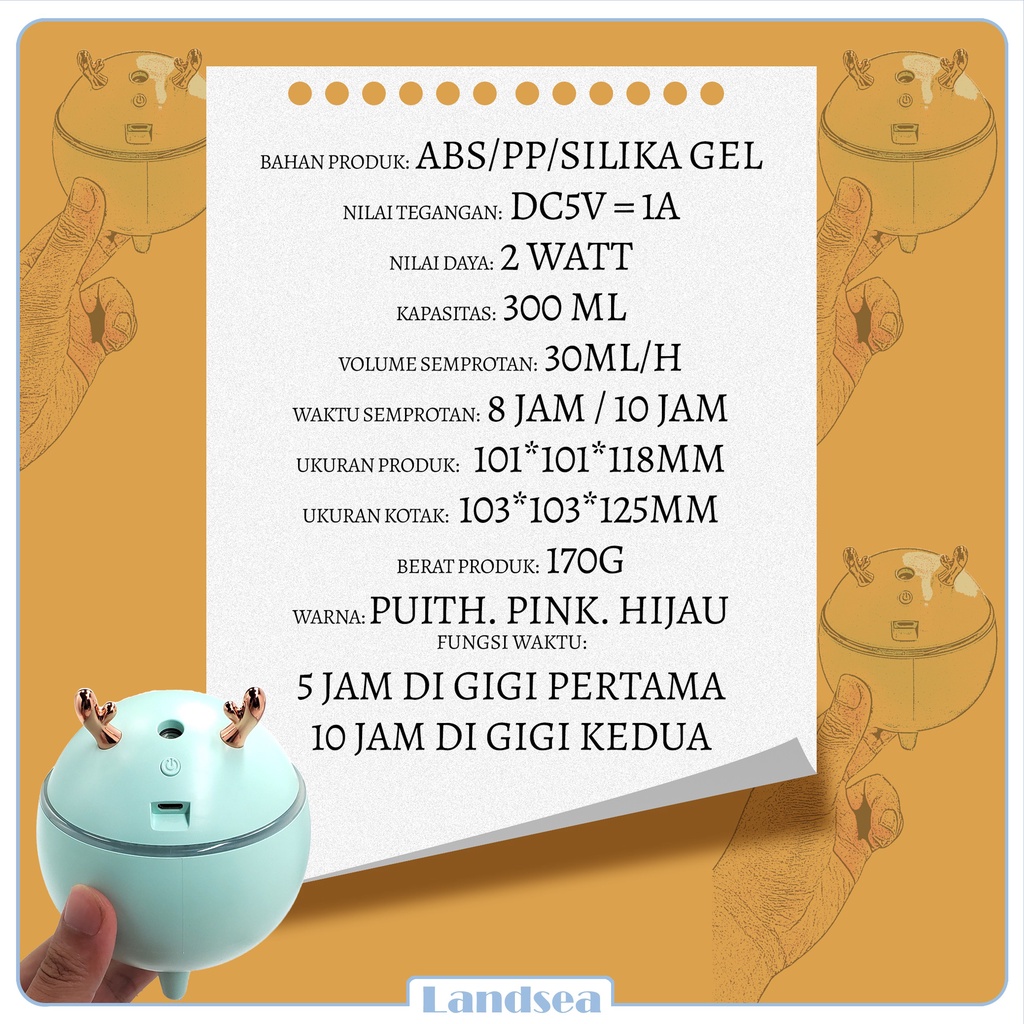 Landsea  Humidifier Air 300ml Diffuser Aroma - Pelembab Udara - Terapkan ke Essential oil-5