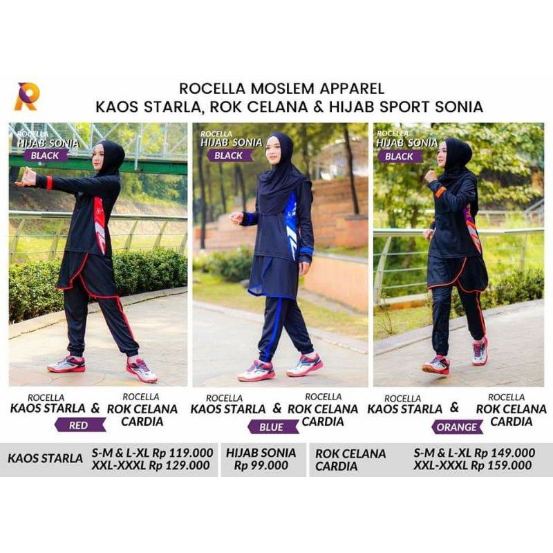 PAKAIAN OLAHRAGA WANITA BAJU OLAHRAGA MUSLIMAH ROCELLA KAOS STARLA ROK CELANA CARDIA HIJAB SPORT SON