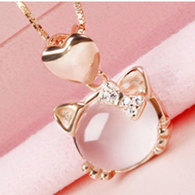 [Ready Stock]Fashion Inlaid Pink Crystal Cat Heart Pendant Necklace