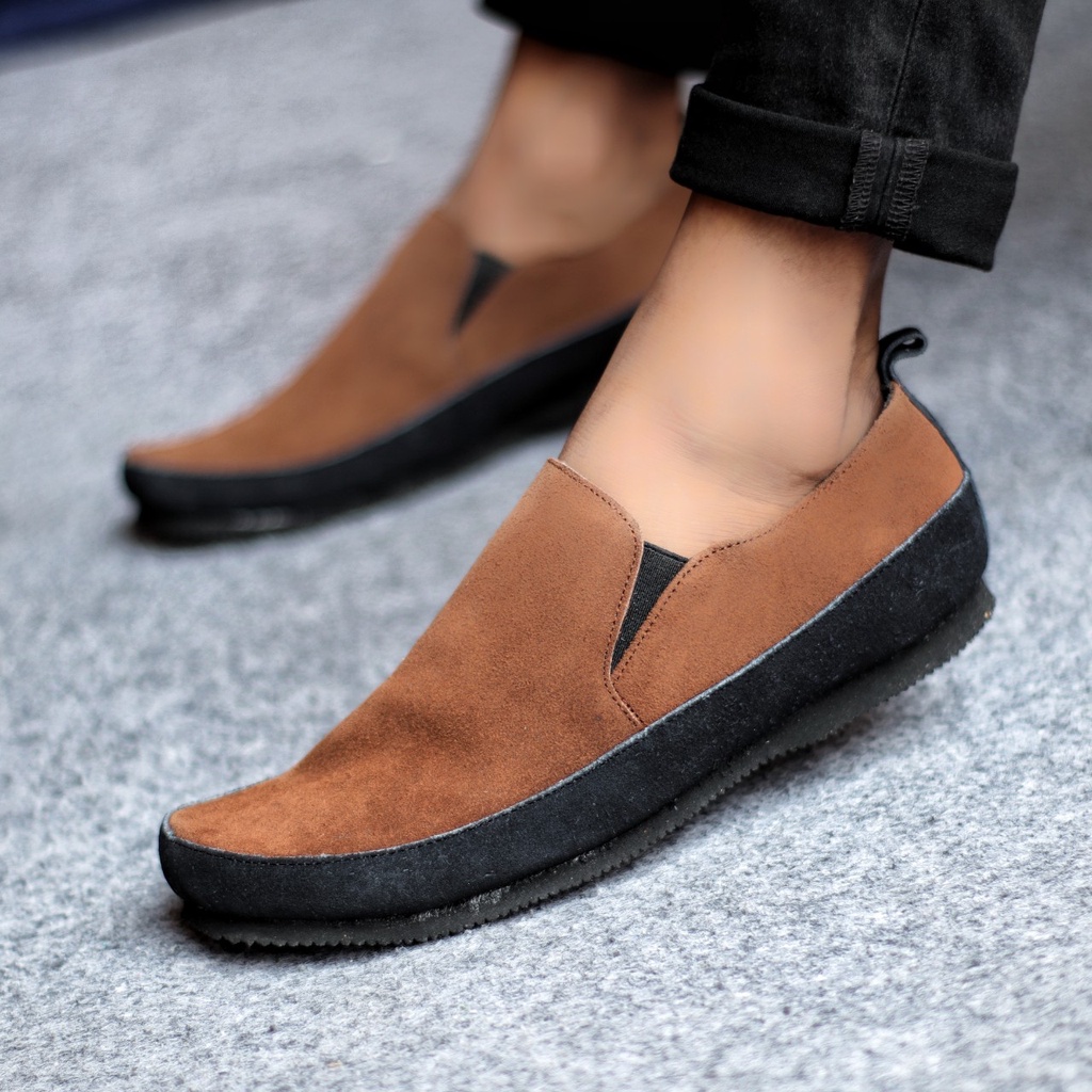 MARO Sepatu Casual Slop Pria HItam Kulit Asli Suede Slip On Cowok Trendy Murah