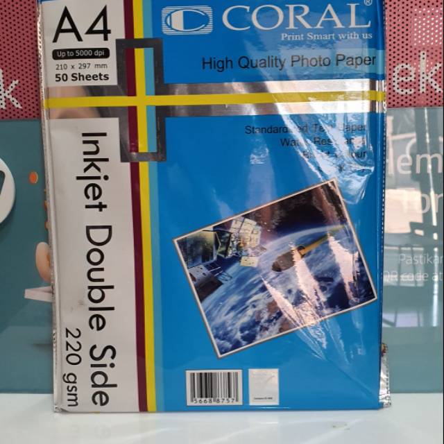 

Coral Double Side Inkjet Paper A4-220 Gr (Pack=50 Sheet)