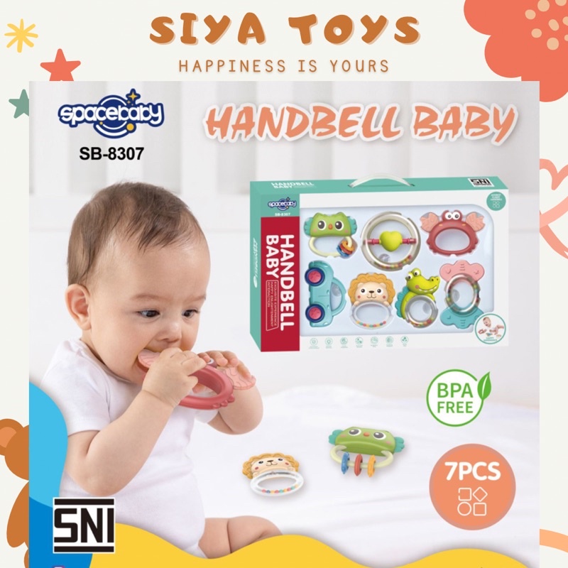 SIYA✨FREE BUBBLEWRAP HANDBELL GIGITAN BAYI SPACEBABY RATTLE TEETHER SET ISI 5 SB 8305 8306 8307 GIGITAN BAYI SPACEBABY SB8305 KADO ULTAH MURAH KADO MURAH KADO ANAK MURAH