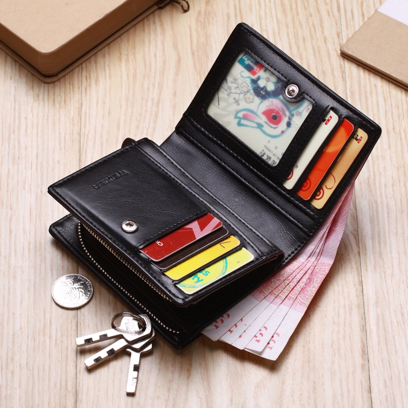 CSONLINEMALL Dompet Pendek Bahan Kulit Asli dengan Resleting  Holder Multi Kartu untuk Pria