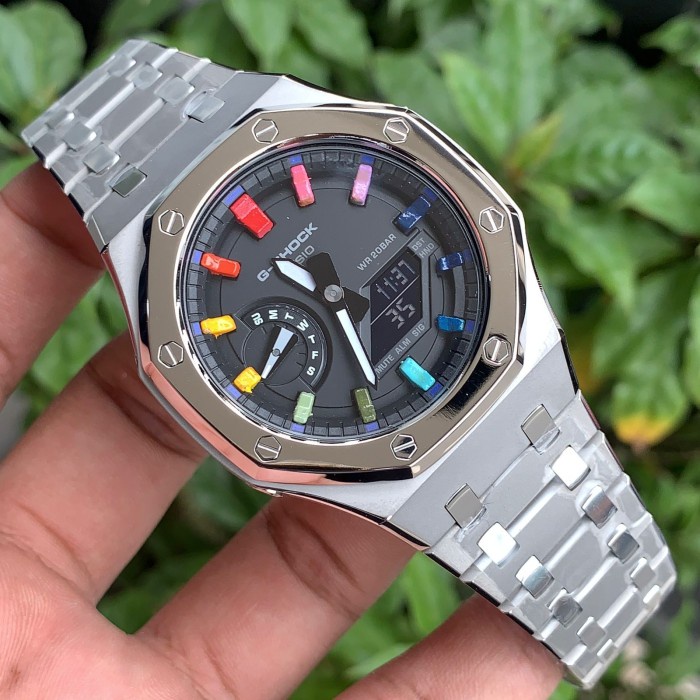 Jam Tangan Gshock GA 2100 Rainbow Silver Chrome 44mm