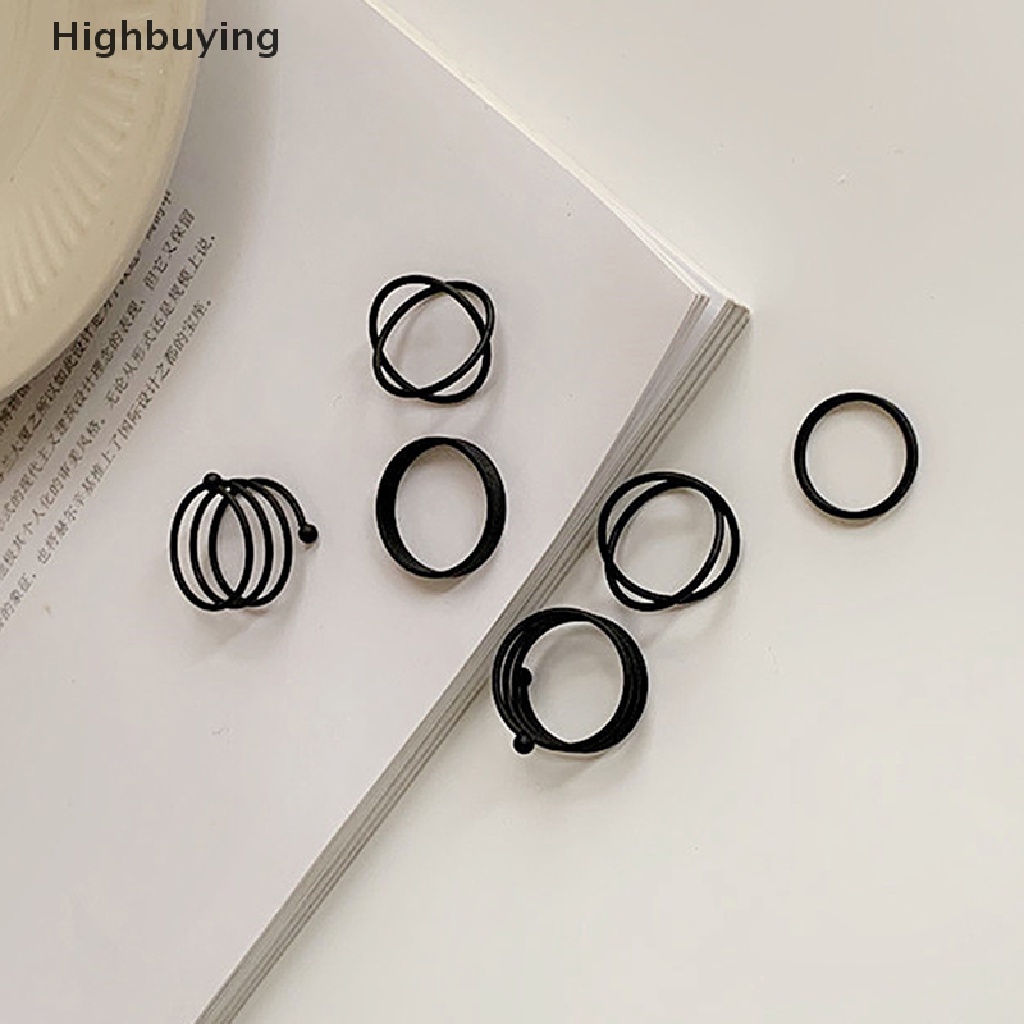 Hbid 3 / 6pcs / Set Cincin Vintage Punk Bentuk Geometri Warna Hitam Metalik Untuk Wanita