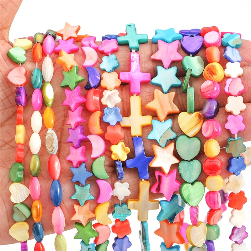 21-65Pcs Mix Color Natural Shell Beads Mother of Pearl Loose Bead Heart Butterfly Cross Flower Shape for DIY Jewelry Making