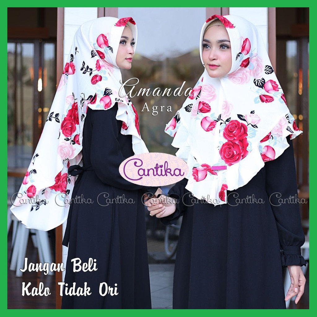 Amanda Agra ✅ Hijab Khimar Instan Ammanda / Kerudung BubblePrint Instan With Pet Motif Bunga Merah