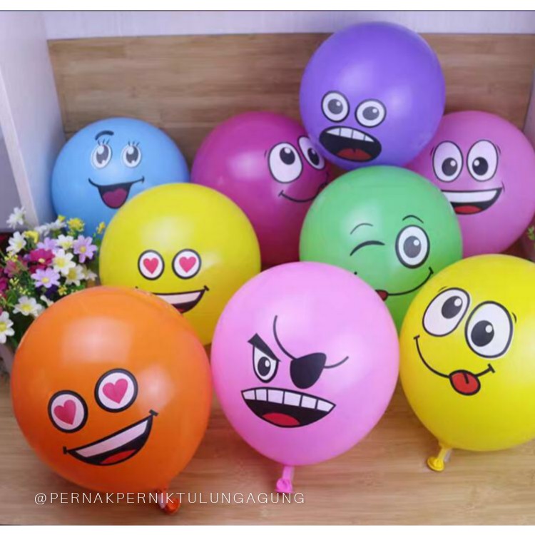 Balon Emoticon isi 10pcs - Emoticon Doff Kuning, Warna Warni/Mix