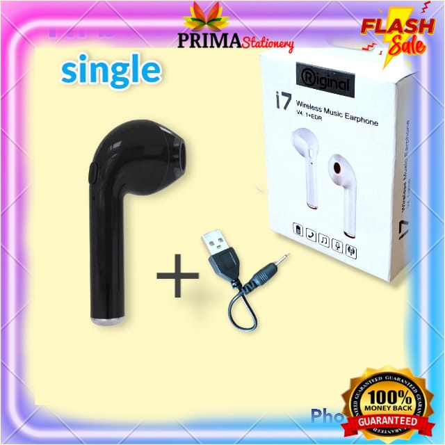 HEADSET HANDSFREE EARPHONE BLUETOOTH WIRELESS  I7 SINGLE + KABEL + PACK (HANYA SEBELAH!!) untuk hp x