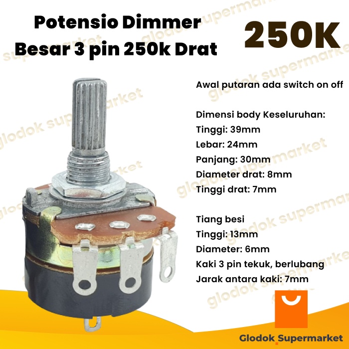 Potensio Dimmer Besar 3 pin 250k Drat Mono Kaki 3 Tekuk Dimer On Off 254