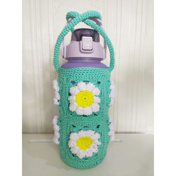 cover botol minum 2 liter / sarung botol minum 2 liter rajut / tas jinjing botol minum motif bunga t