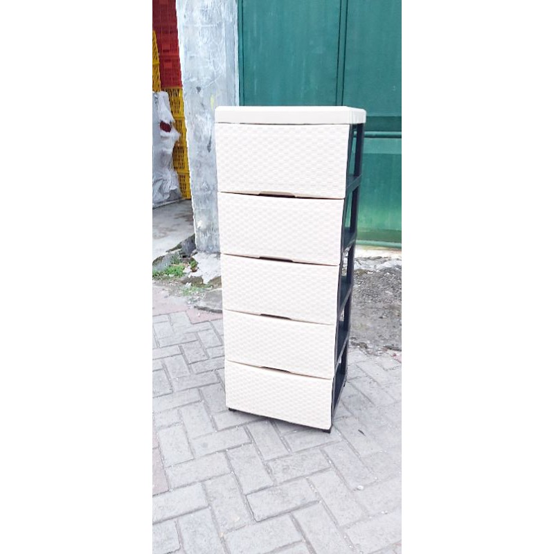 Lemari PLastik Laci Aquose BEIGE Hoky / Hoki Motif Rotan Susun 5