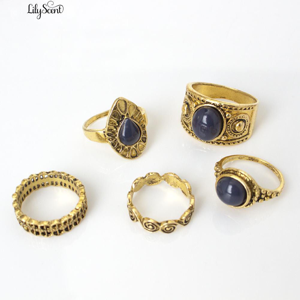 [Bayar Di Tempat]5 Pcs / Set Bohemian Vintage Biru Batu Paduan Cincin Jari Perhiasan Wo Menawan